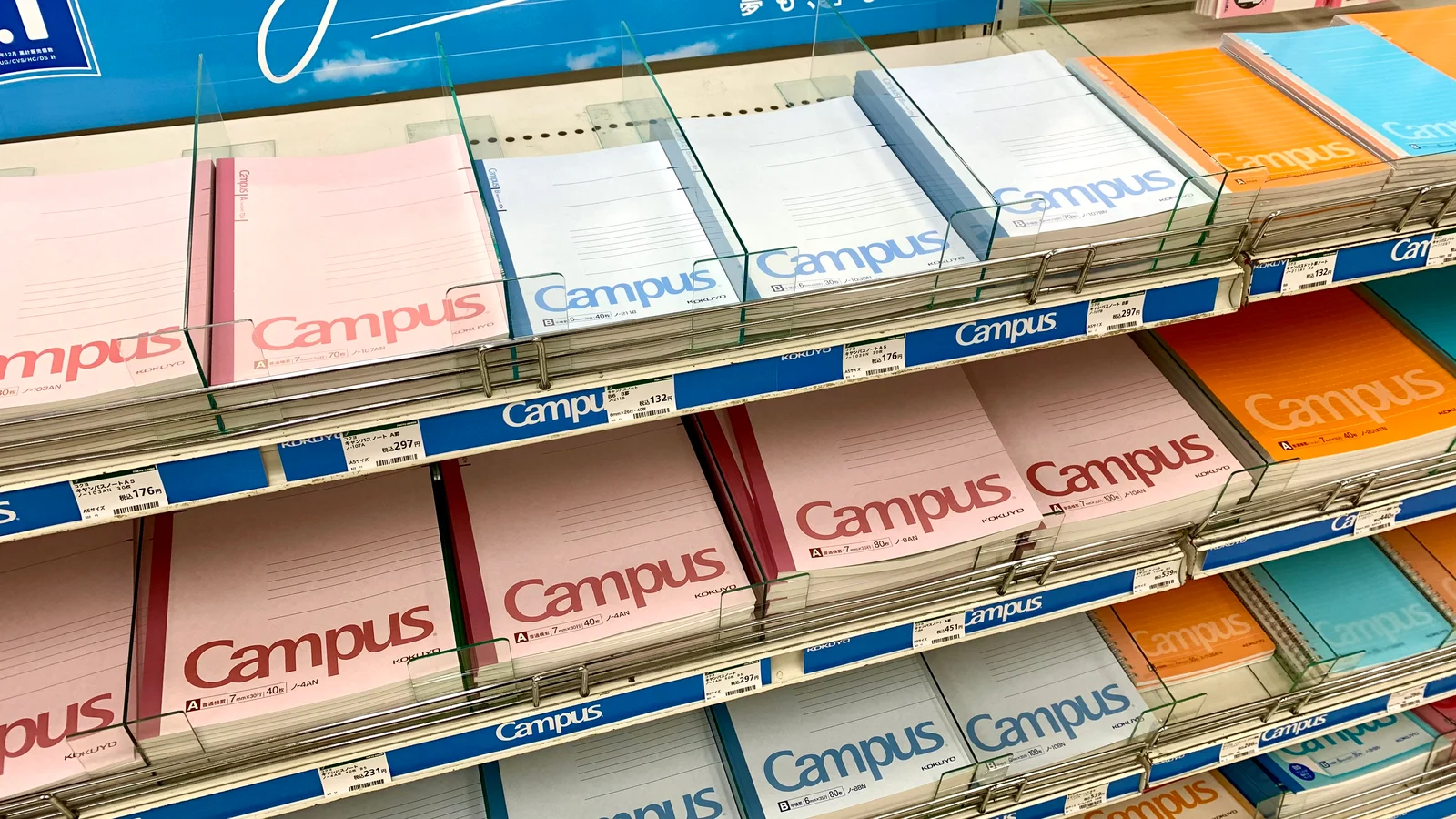 분홍색 A 표지와 파란색 B 표지를 비롯한 여러 크기의 Campus 노트 진열